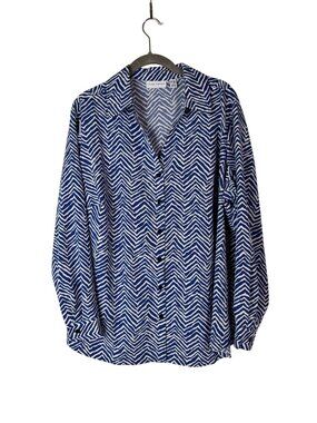 Susan Graver Womens Blue White Chevron Button Up Long Sleeve Top Plus size 1XP